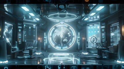 Obraz premium Futuristic Control Room with Holographic Earth Display