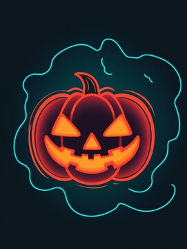 recommend clip art: A vibrant, glowing neon outline of a Halloween pumpkin jack-o'-lantern with a friendly smile, set against a dark blue background. The pumpkin's glow suggests a festive and spooky atmosphere, perfect f
