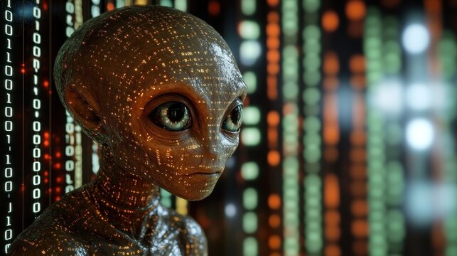 Closeup of an Alien with a Digital Background
