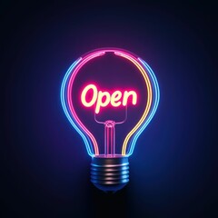Neon Light Bulb with Open Sign on Dark Background