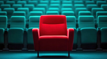 Fototapeta premium Red Armchair Standing Out in a Sea of Blue Seats