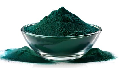 An isolated image of spirulina powder in a small glass bowl on a white background