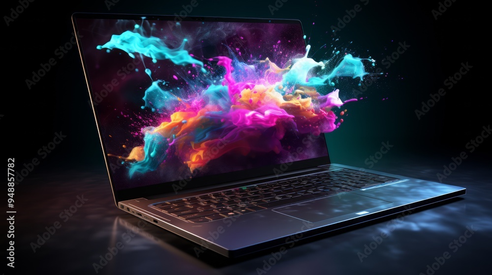 Fototapete multi colored paint splash and details coming out of laptop screen. diversity and graphic design con