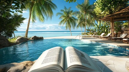 Obraz premium A luxurious resort with a book on achieving financial independence by the pool, clear light, realistic photo lifelike 8K