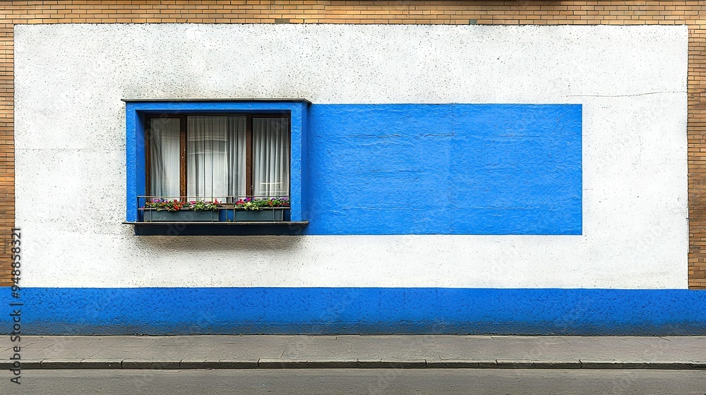 Poster   A blue-and-white building with a blue window and a red fire hydrant adjacent to it