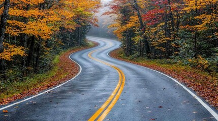 Obraz premium A curved road through a forest with fallen leaves on the trees and ground