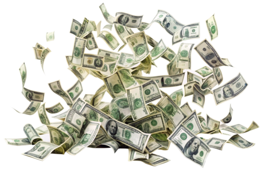 Money scattered on the desk. Money, US dollar bills background. Photography for Finance and Economy concepts. isolated on a white background