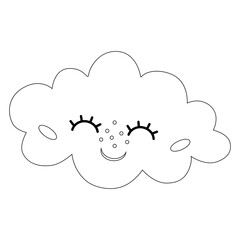 Coloring page cute character cloud with big eyes, fluffy clouds, fairy tale, fantasy, doodle style, black and white.