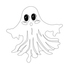 A Halloween-themed coloring page featuring a cute ghost with big eyes. Perfect for children's activities, Halloween crafts, and decor, offering excellent commercial appeal for Halloween products.