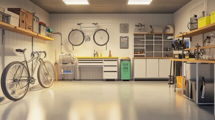 Modern garage interior with bicycles, storage, and workbench.