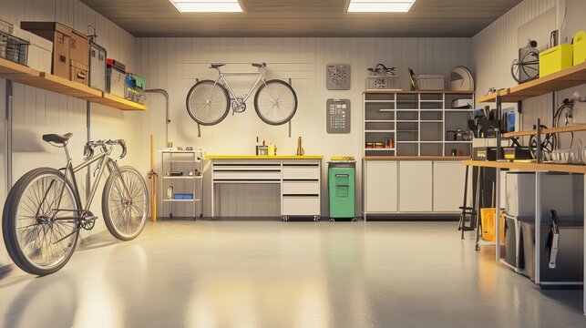 Modern garage interior with bicycles, storage, and workbench.