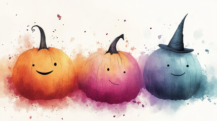 Watercolor illustration of cute pumpkins with faces, set against a soft, autumn-themed background, evoking a playful Halloween atmosphere.