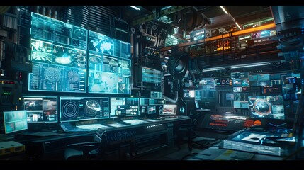Futuristic Control Room with Multiple Screens Displaying Data and Information