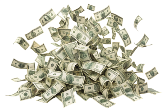 Money scattered on the desk. Money, US dollar bills background. Photography for Finance and Economy concepts. isolated on a white background