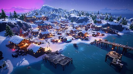 Naklejka premium A photo of a snowy town with a dock and snowy mountains behind it, featuring a vibrant purple sky