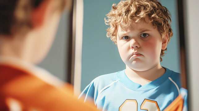 An emotional scene of an overweight child looking in the mirror, with a sad expression, while holding a sports jersey that doesn t fit, body image, childhood obesity impact