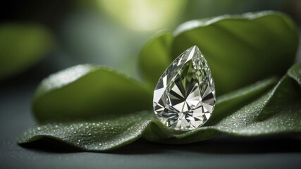 pear shaped lab diamond ethical diamond on green leaf background.