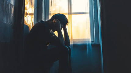 A person sitting alone in a dark room with their head in their hands