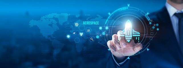 Aerospace concept: Businessman touching aero plane icon on virtual interface, innovation, satellite technology, aviation safety, sustainability, collaboration, data analysis.