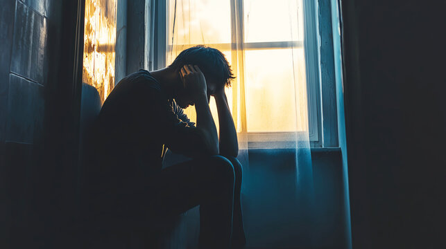 A person sitting alone in a dark room with their head in their hands