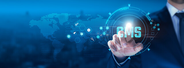 CMS (Content Management System) concept: Businessman touching CMS on virtual interface,...