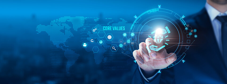 Core Values Concept: Businessman touching core values icon on virtual interface, integrity, respect, accountability, innovation, collaboration, excellence.