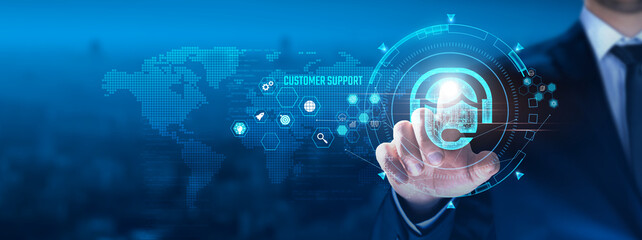 Customer Support concept: Businessman touching assistance icon on virtual interface, communication, responsiveness, problem-solving, personalization, customer satisfaction.