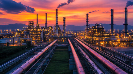 industrial pipelines and racks transporting petrochemical products. The intricate system symbolizes energy distribution, efficiency, and industrial progress