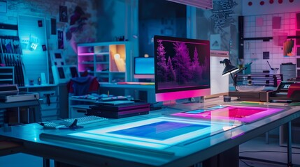 Modern Creative Workspace with Neon Lights and Computer