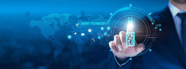Energy Technology concept: Businessman touching sustainability icon on virtual interface, renewable resources, smart grids, energy efficiency, carbon reduction, innovation.