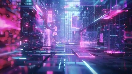 Obraz premium Futuristic Neon Cityscape with Glowing Lines and Cubes