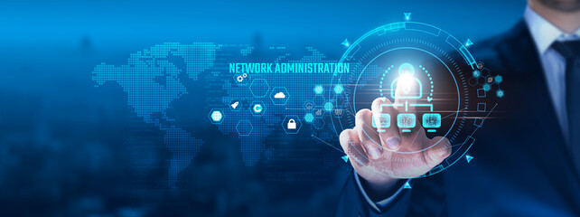 Network Administration concept: Businessman touching server management icon on virtual interface,...