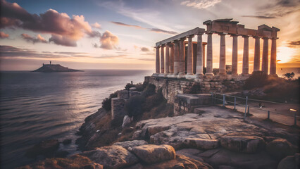 Ancient Greek temple ruins set on a cliff overlooking the ocean at sunrise. The temple is partially collapsed, with broken columns and overgrown vegetation. The sky is a soft pink, and the sea below i