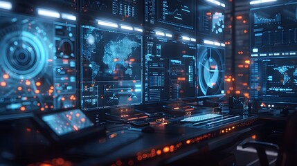 Futuristic Control Room with Multiple Monitors Displaying Data and Graphs