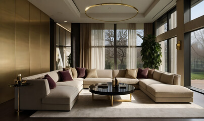 Luxurious, minimalist living room with beige sofa, gold accents, and natural light.