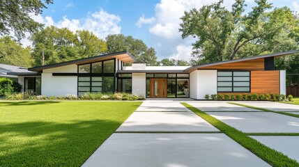A stunning front view of a contemporary white brick home, which showcases dark wood accents and a beautiful gable roof, is surrounded by lush greenery that provides privacy in Beverly Hills