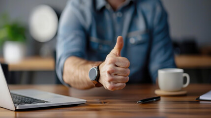 Fototapeta premium Close-up of a hand giving a thumbs up in a contemporary workspace, symbolizing approval and positivity in a professional setting.