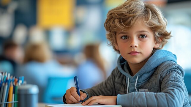 Young boy with blonde curly hair concentrating on writing in classroom