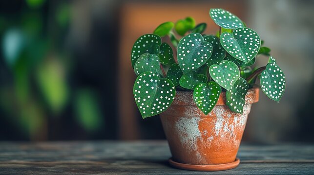 Potted green heart-shaped leaves with white spots in a rustic terracotta pot
