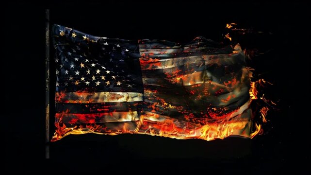 Burning tattered and torn USA flag on black background. American symbol on fire
