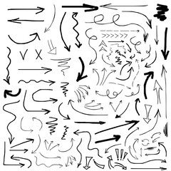 Collection of arrows. One-stroke drawing. Hand-drawn by brush. Straight, round, thick, thin, spiral...