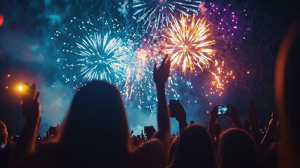 Fireworks in the night sky with a crowd of people celebrating - Powered by Adobe