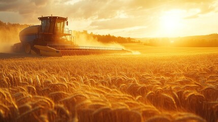Fototapeta premium Golden Harvest: A Combine Harvester at Sunset
