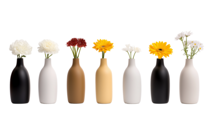 Set of various types of flowers in vases isolated on transparent background