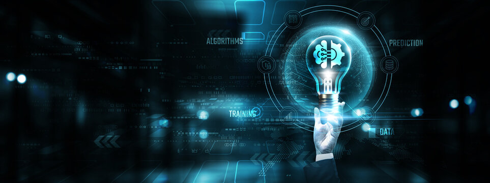 Machine Learning: Hands of businessman holding light bulb and machine learning icon with data network digital technology. Algorithms, automation, prediction, innovation.