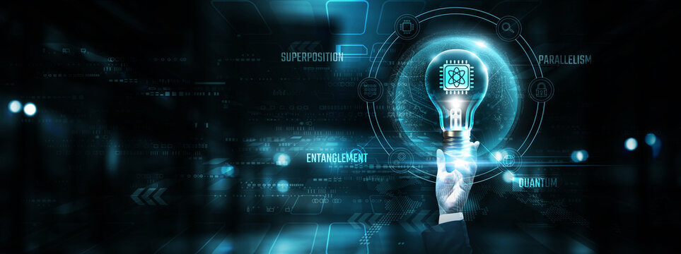 Quantum Computing: Hands of businessman holding light bulb and quantum computing icon with data network digital technology. Superposition, entanglement, processing power, innovation.