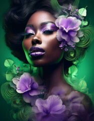 Naklejka premium A confident woman with deep skin tone is surrounded by ethereal green mist and vibrant purple flowers. Her makeup complements the scene, creating a dreamy, surreal atmosphere. Lush green leaves.