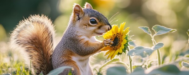 Obraz premium Close-up of a cute squirrel holding a sunflower in a sunlit meadow, capturing the beauty of nature, wildlife, and playful animal behavior