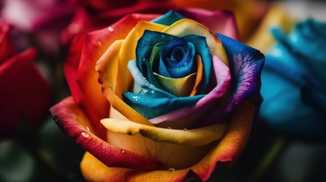 Perfect colorful bright rainbow pride rose on roses background.