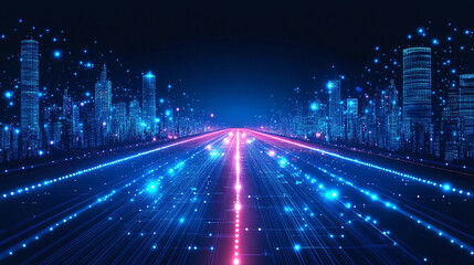 cityscape at night, featuring glowing neon lights, towering skyscrapers, and futuristic architecture. The scene captures an urban landscape with a dynamic, tech-inspired atmosphere